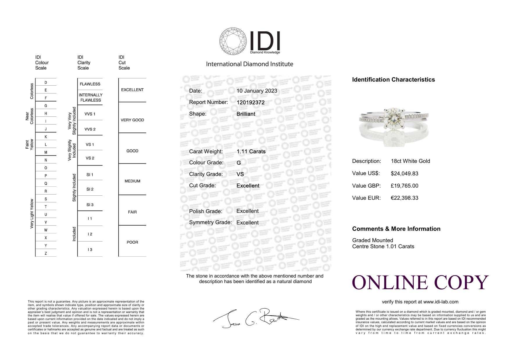 18ct White Gold Single Stone Claw Set With Stone Set Shoulders Diamond Ring (1.01) 1.11 Carats - Image 5 of 5