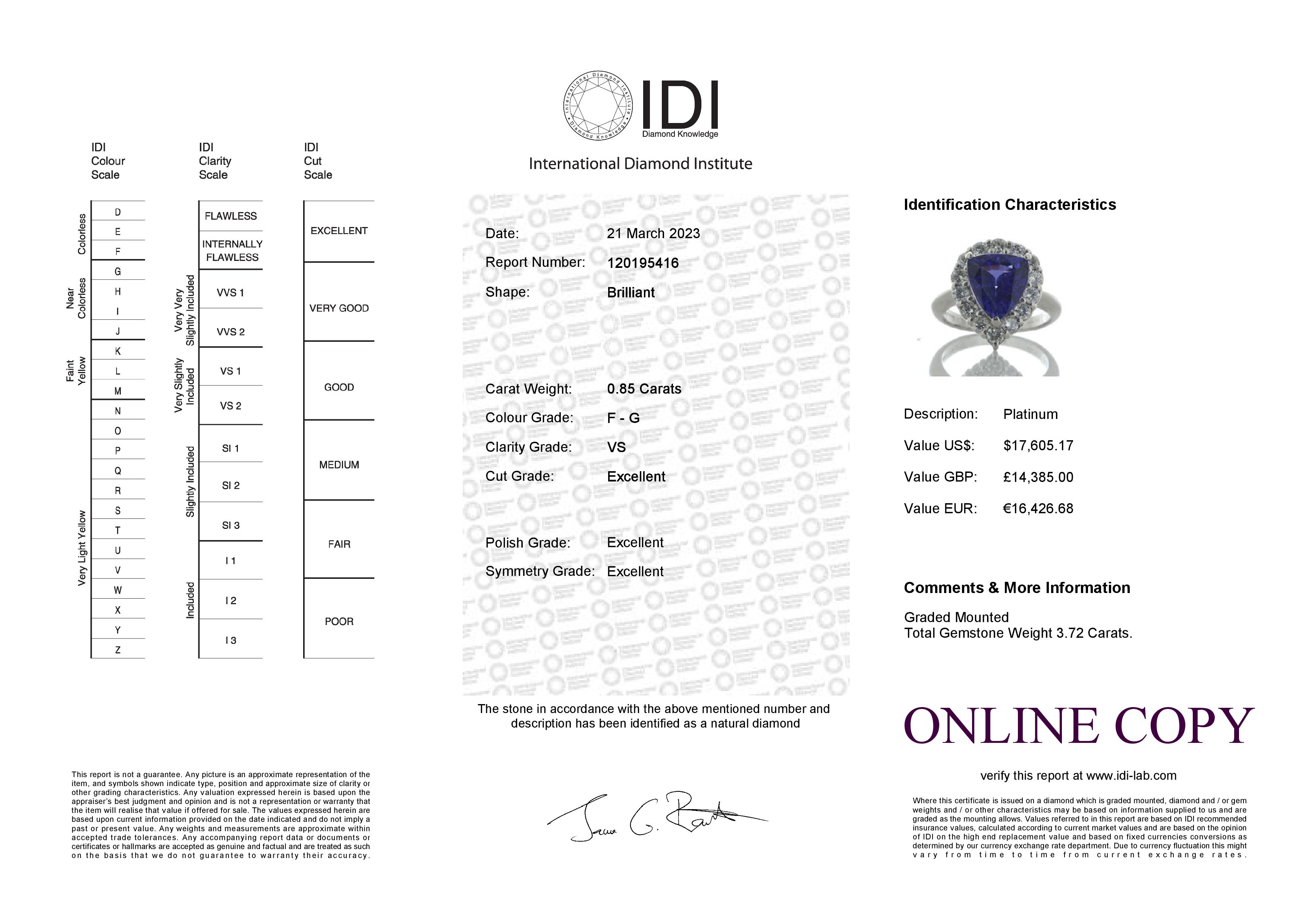 Platinum Trillion Cut Tanzanite and Diamond Ring (T3.72) 0.85 Carats - Image 5 of 5