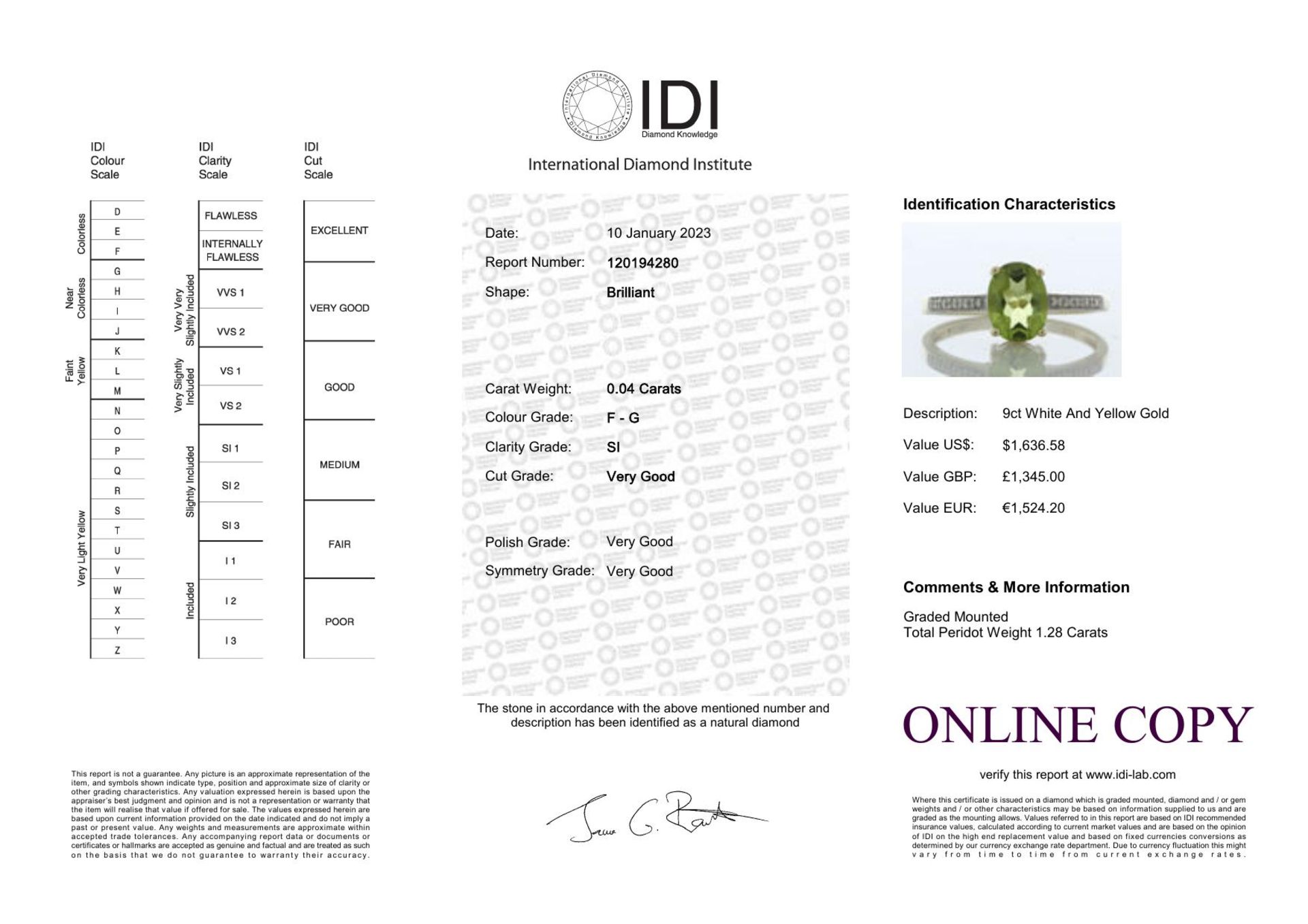 9ct Yellow Gold Diamond and Peridot Ring (P1.28) 0.04 Carats - Image 4 of 4