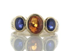 18ct Yellow Gold Three Stone Oval Cut GIA Orange Sapphire Center Ring (S2.31) 0.10 Carats