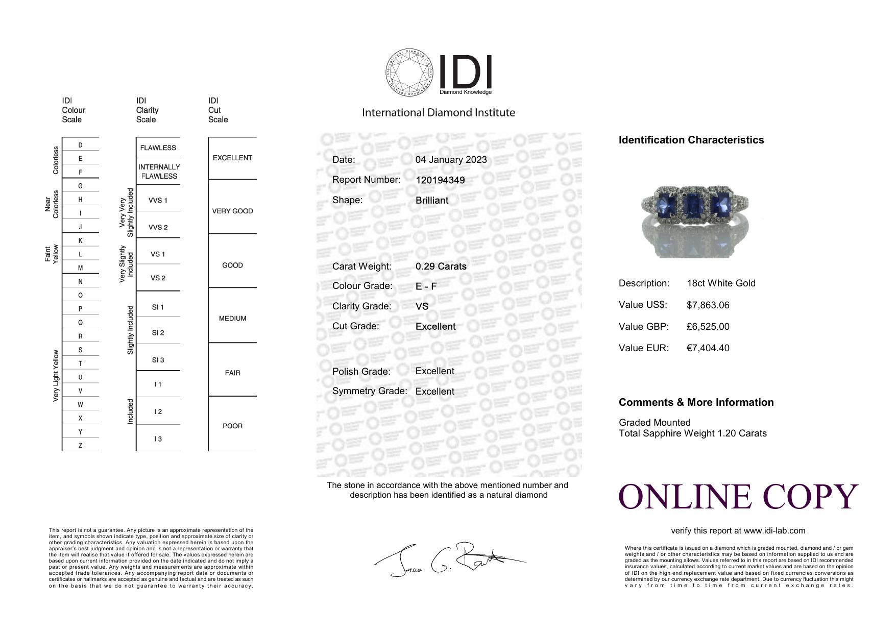 18ct White Gold Three Stone Emerald Cut Sapphire and Diamond Ring (S 1.20) 0.29 Carats - Image 5 of 5