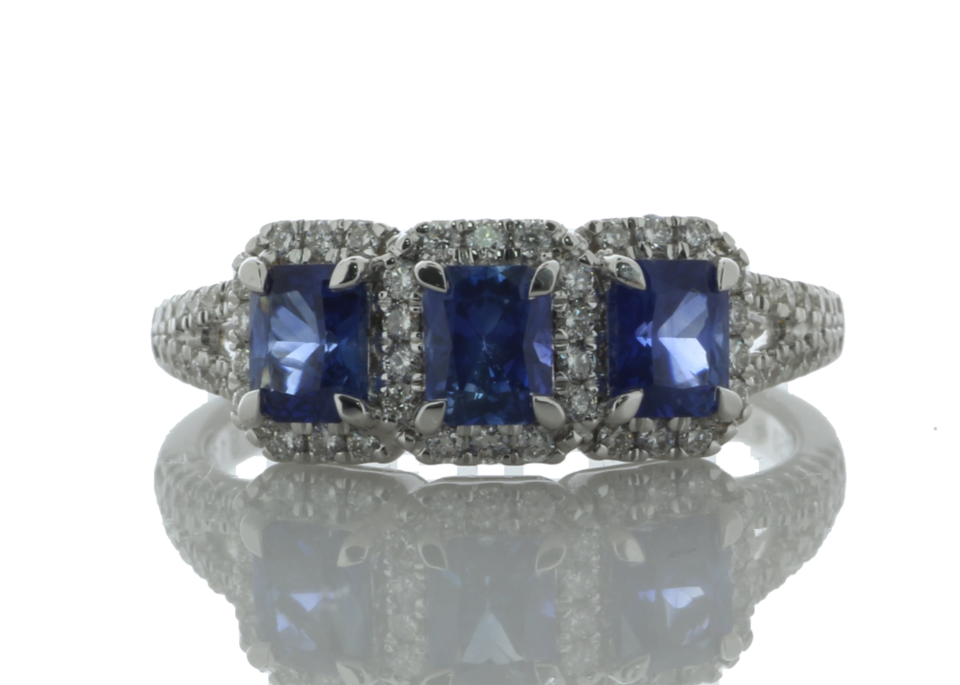 18ct White Gold Three Stone Emerald Cut Sapphire and Diamond Ring (S 1.20) 0.29 Carats - Image 2 of 5