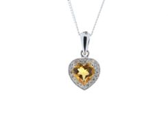 9ct White Gold Citrine Heart Shape Diamond Pendant (C0.65) 0.10 Carats