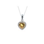9ct White Gold Citrine Heart Shape Diamond Pendant (C0.65) 0.10 Carats