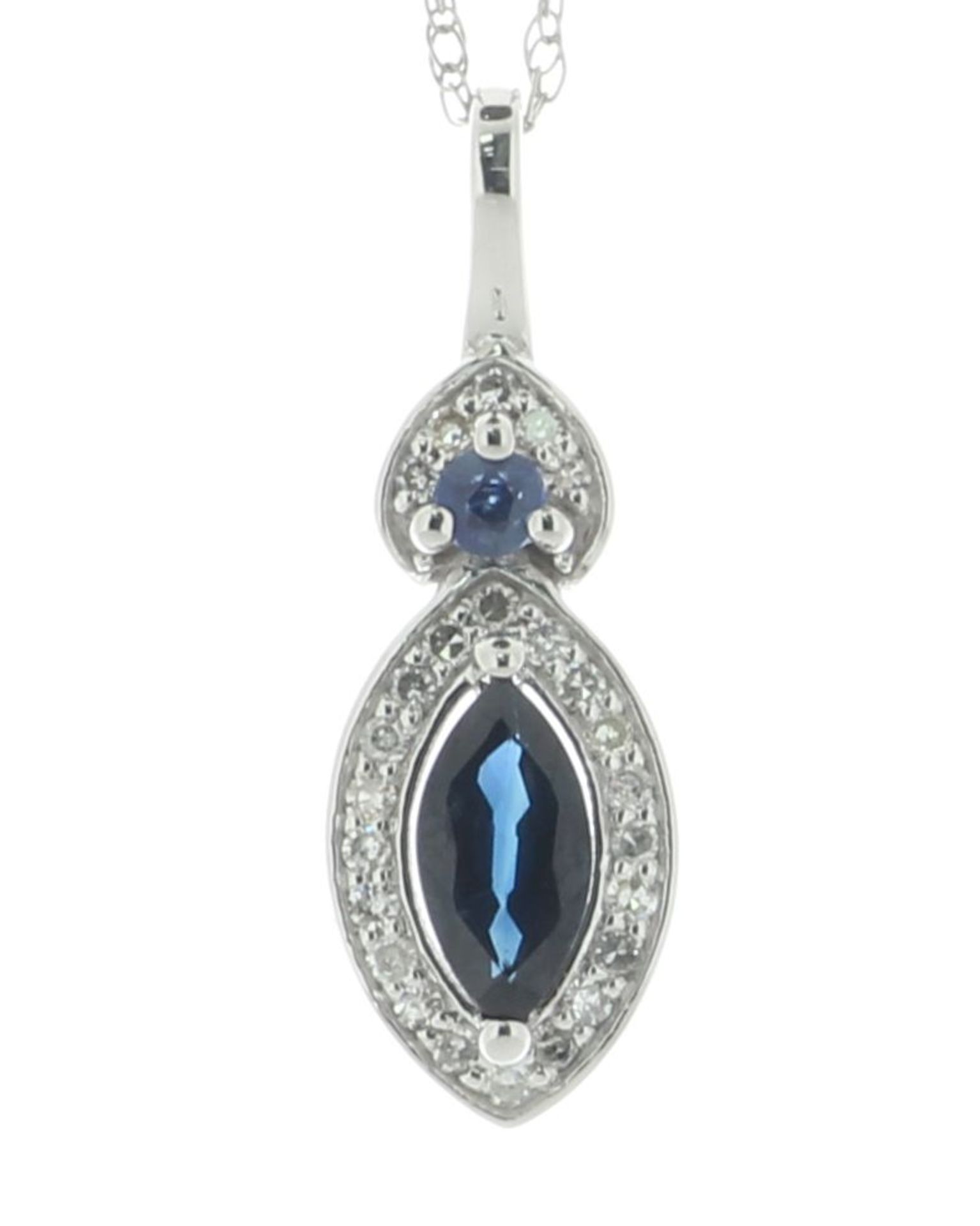 14ct White Gold Marquise Cluster Diamond and Sapphire Pendant and Chain 0.08 Carats - Image 2 of 4