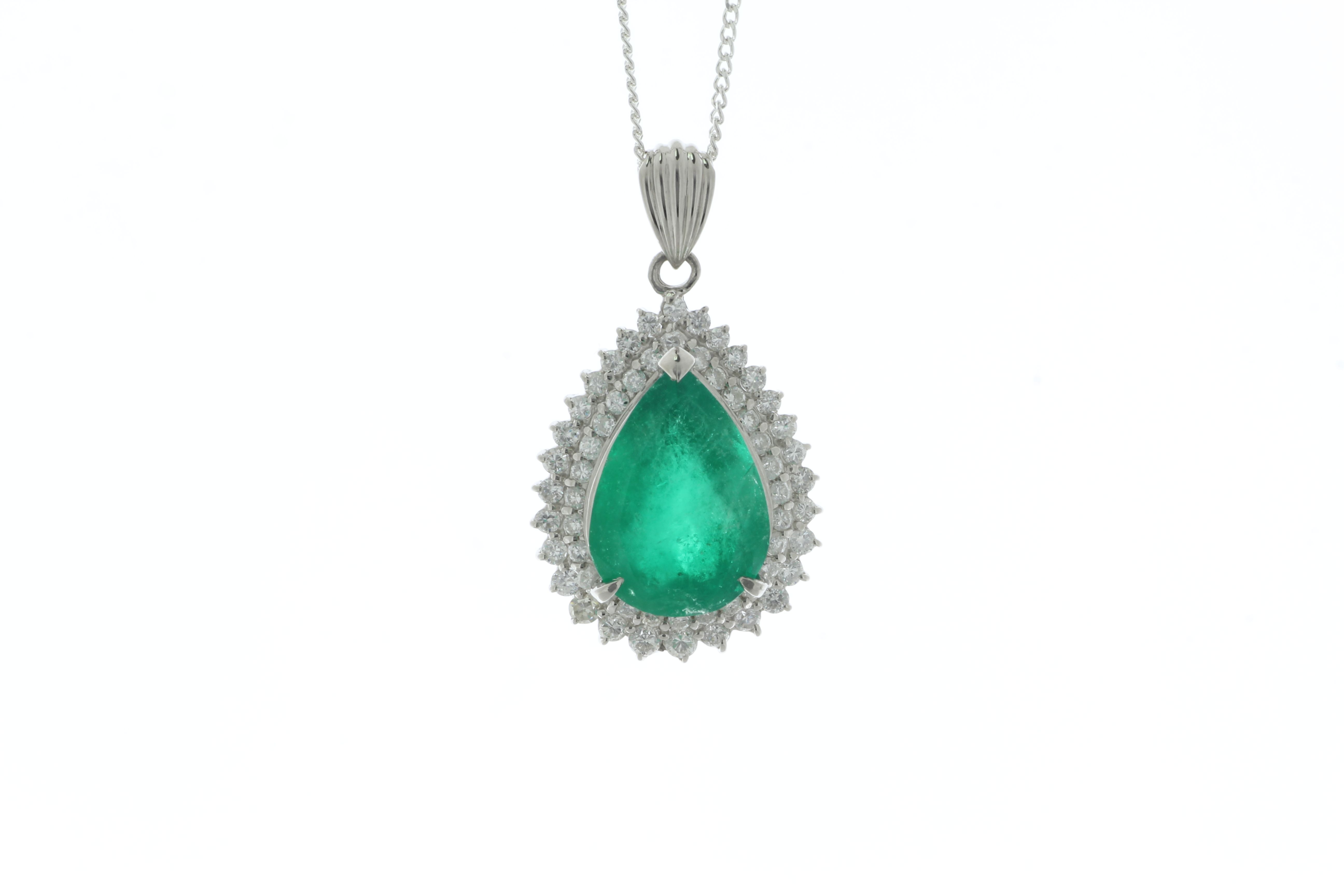 Platinum Pear Cluster Diamond and Emerald Pendant (E6.16) 0.86 Carats