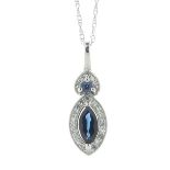 14ct White Gold Marquise Cluster Diamond and Sapphire Pendant and Chain 0.08 Carats