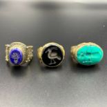 Near Eastern 3 Piece Antique Lapis Lazuli, Howalite & Black Onyx Bronze Rings