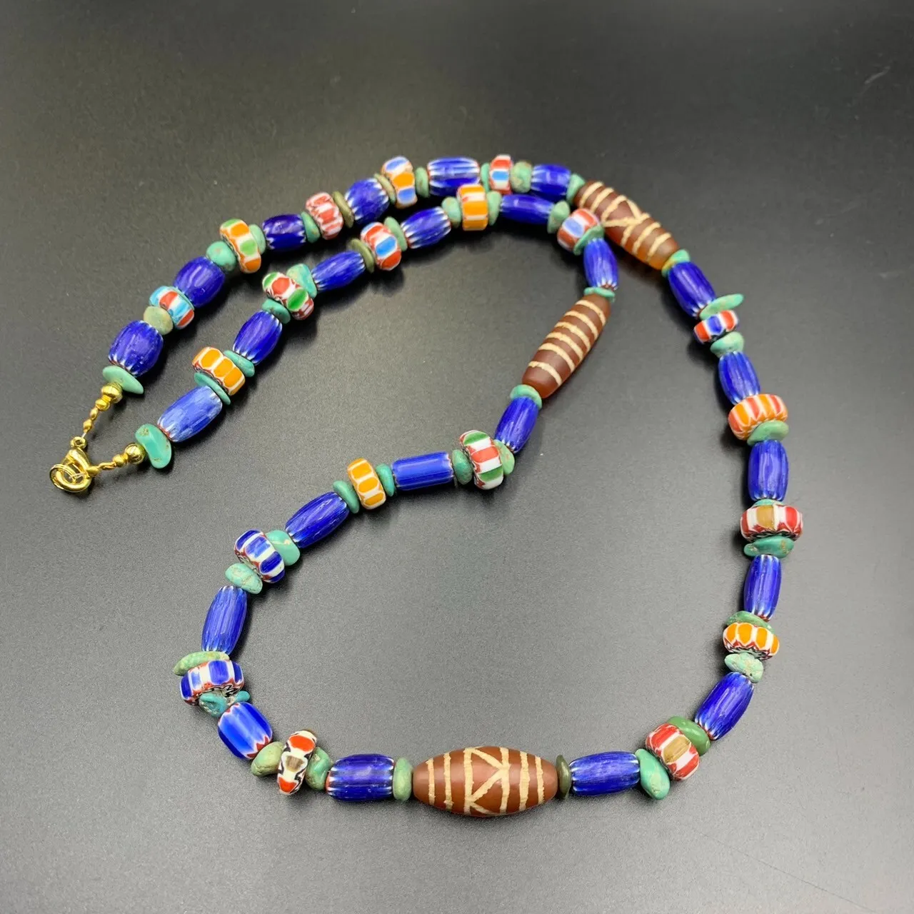 Beautiful Chevron Trade Glass Beads With Antique Etched Agate Beads Necklace, LBBR-30 - Image 2 of 6