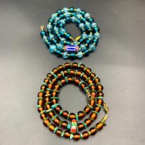 2 Piece Awesome Fancy Glass Beads With Vintage Chevron & Turquoise Necklace