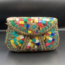 Wonderful Nepalese Handmade Multi Colour Howalite Stones With Brass Purse/Hand Bag