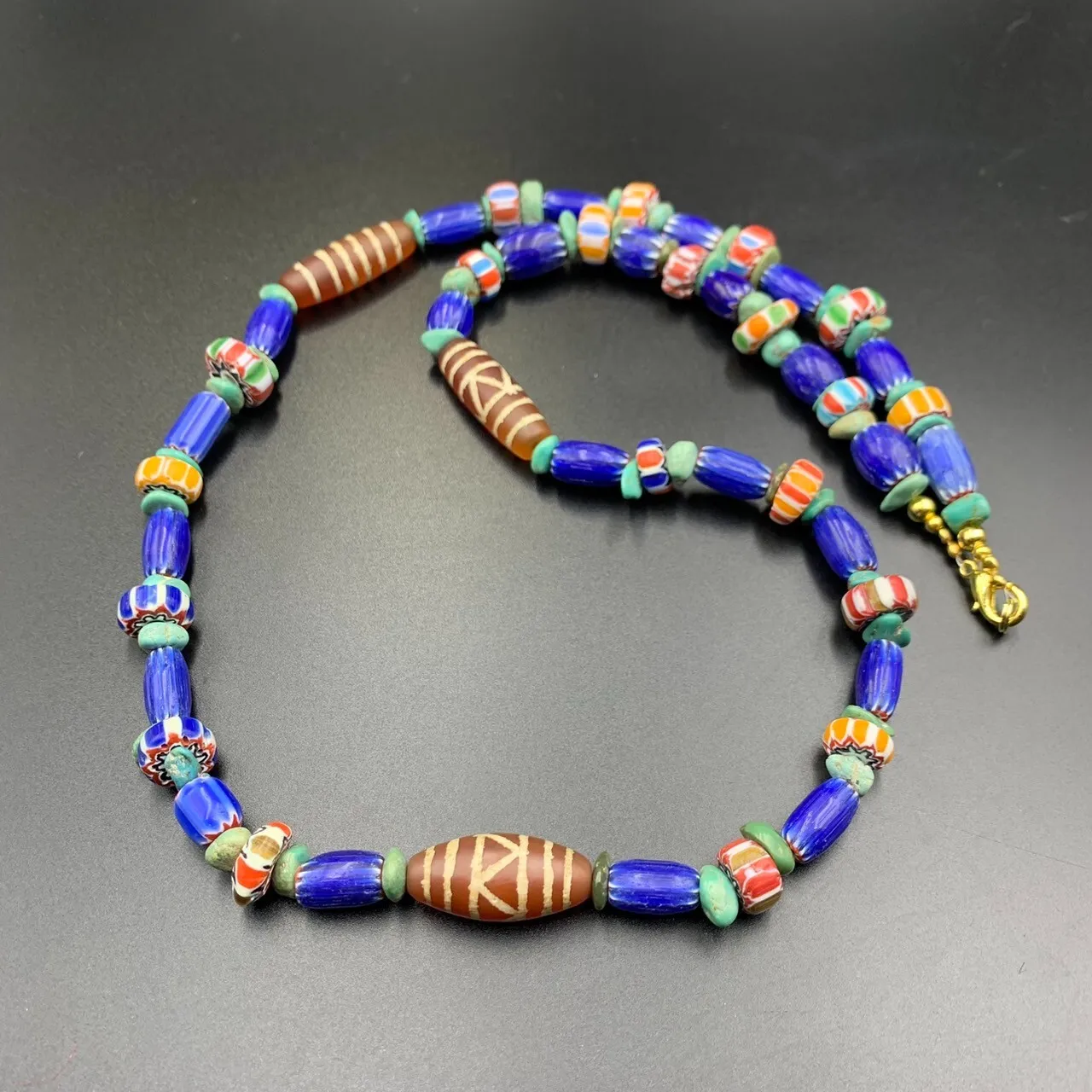 Beautiful Chevron Trade Glass Beads With Antique Etched Agate Beads Necklace, LBBR-30 - Image 6 of 6