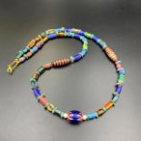 Chevron Trade Glass Beads With Antique Etched Agate & Turquoise Beads Necklace, LBBR-29