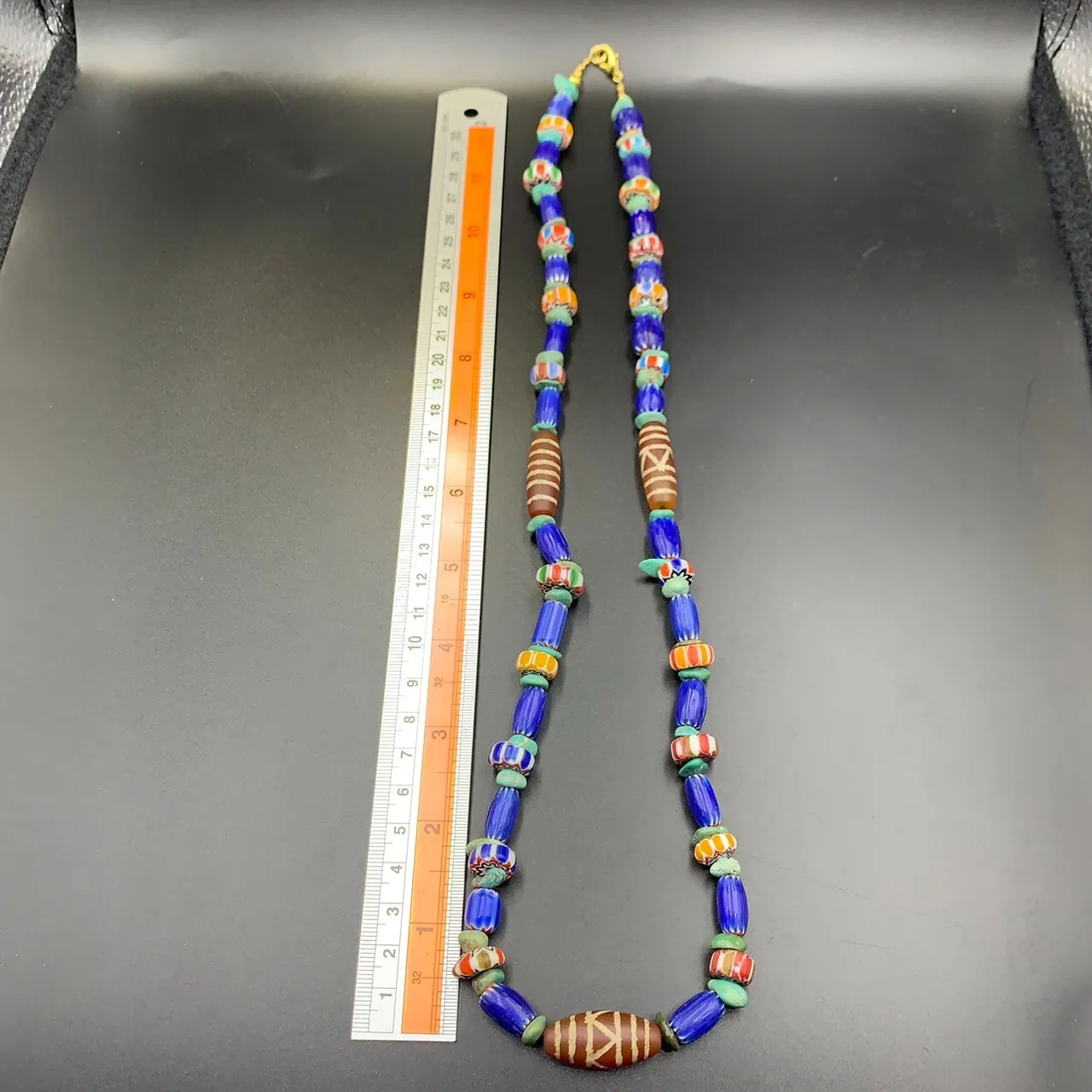 Beautiful Chevron Trade Glass Beads With Antique Etched Agate Beads Necklace, LBBR-30 - Image 5 of 6