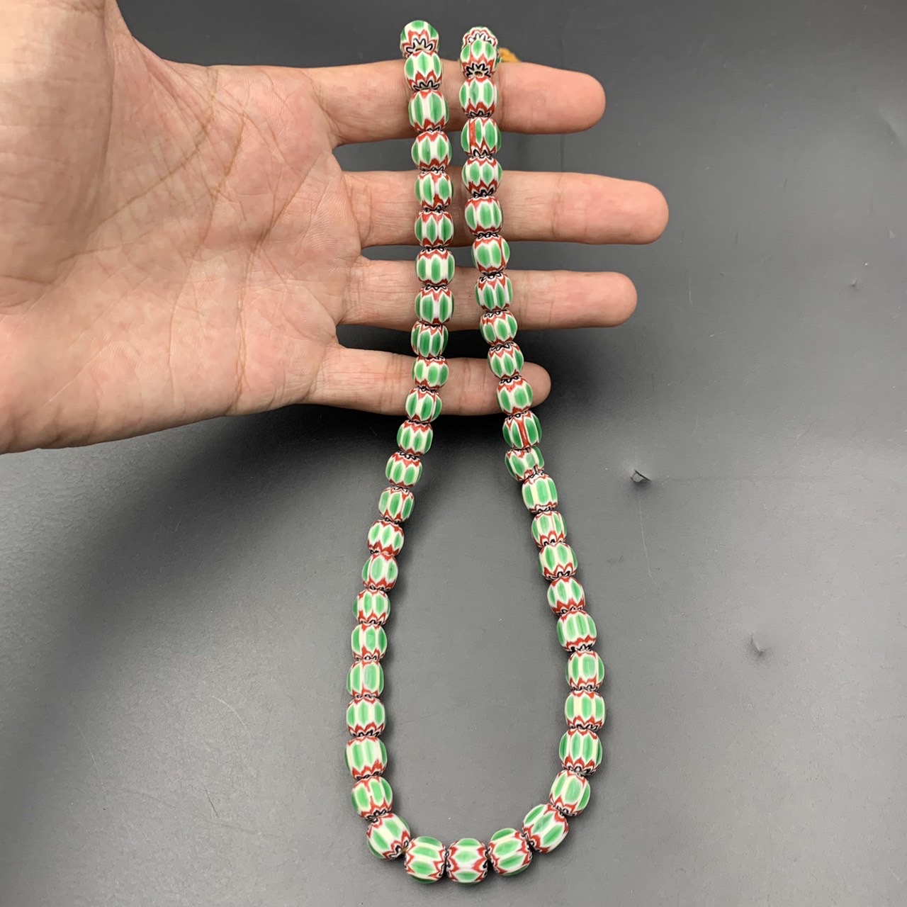 Wonderful Green Vintage Chevron Trade African Glass Beads Strand, LPBR-0322 - Image 3 of 8