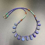 RPK-13, Amazing Old Carved Natural Lapis Lazuli With Small Turquoise Beads Necklace.