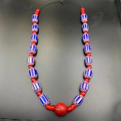 Wondrful Chevron Trade Glass Beads, White Heart Beads With Big Coral Bead Strand, LPBR-090