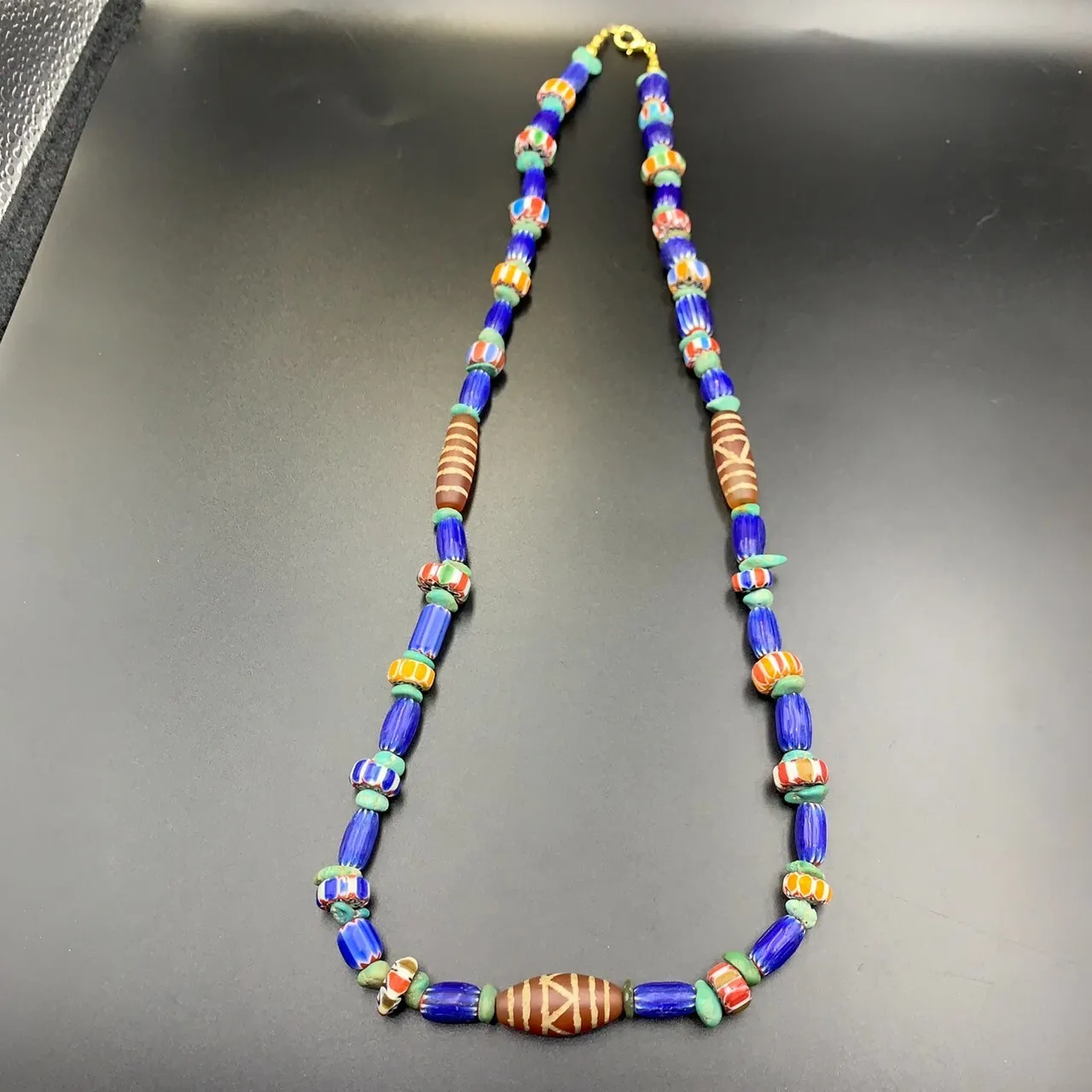Beautiful Chevron Trade Glass Beads With Antique Etched Agate Beads Necklace, LBBR-30 - Image 3 of 6