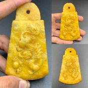 Antique Tibetan Chinese Very Rare Hand Carved Dragon Yellow Jade Pendant, PT-877