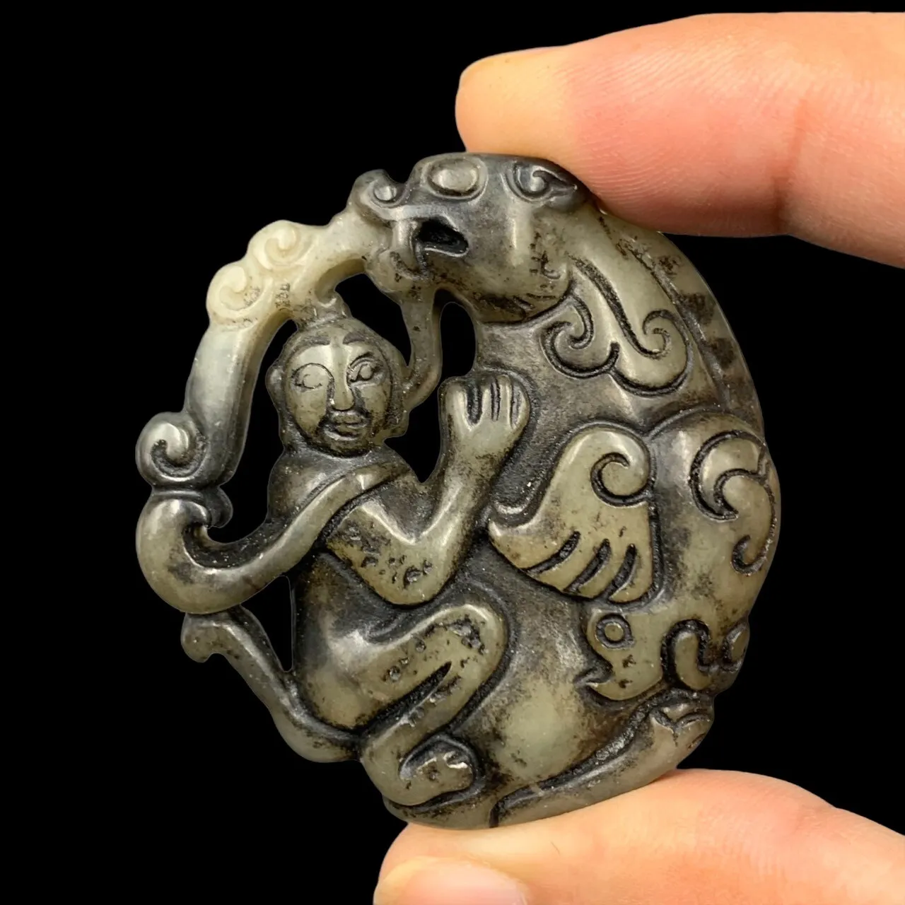 Antique Hand Carved Jade Statue Pendant. Ancient Jade, - Image 3 of 4