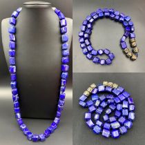 Incredible Natural Lapis Lazuli Long Cube Shape Beads Necklace