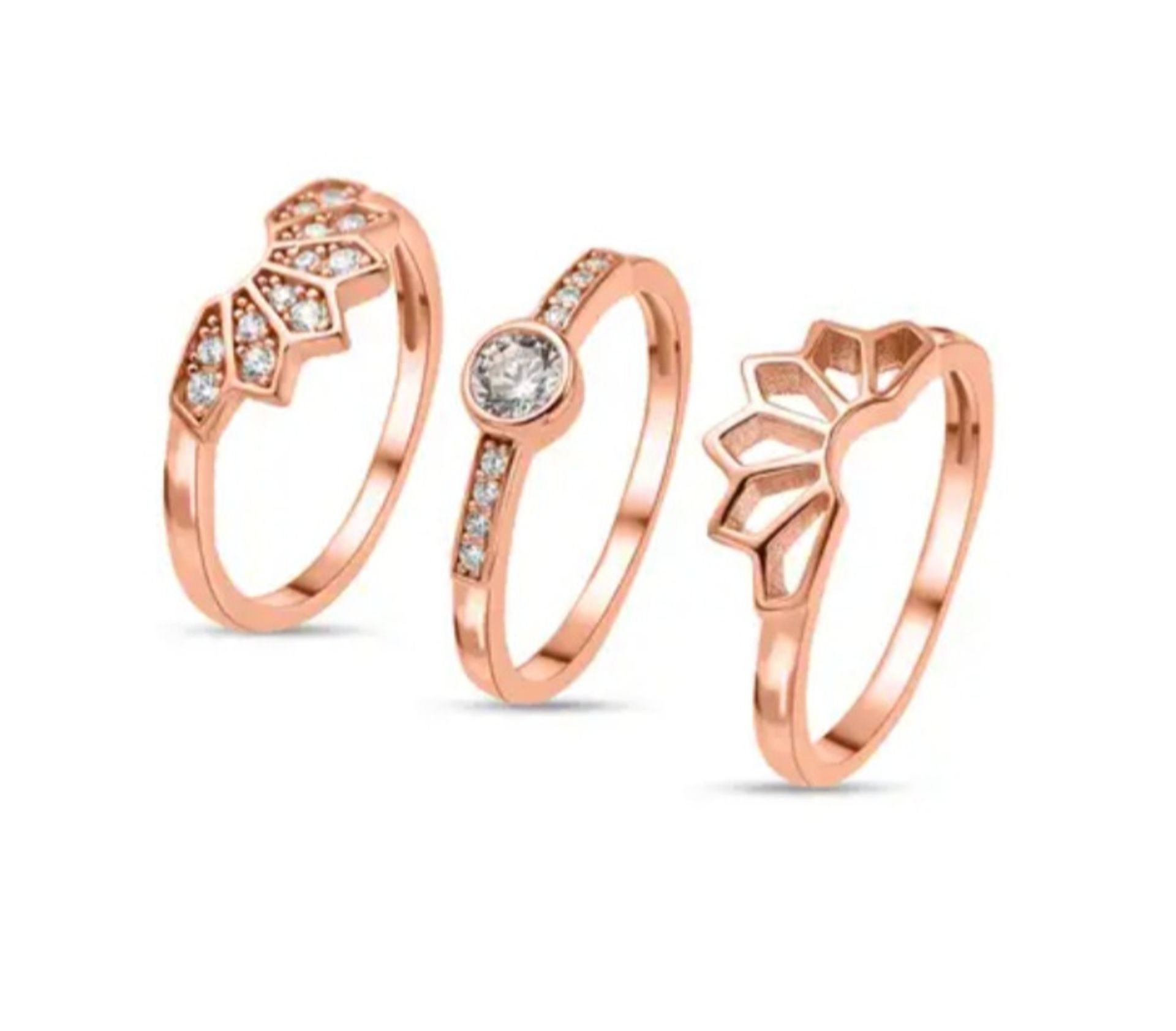 New! Set of 3 - White Cubic Zirconia Ring in 18K Vermeil Rose Gold Sterling Silver - Image 3 of 4