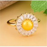 New! Golden Fresh Water Pearl and Simulated Diamond Floral Ring