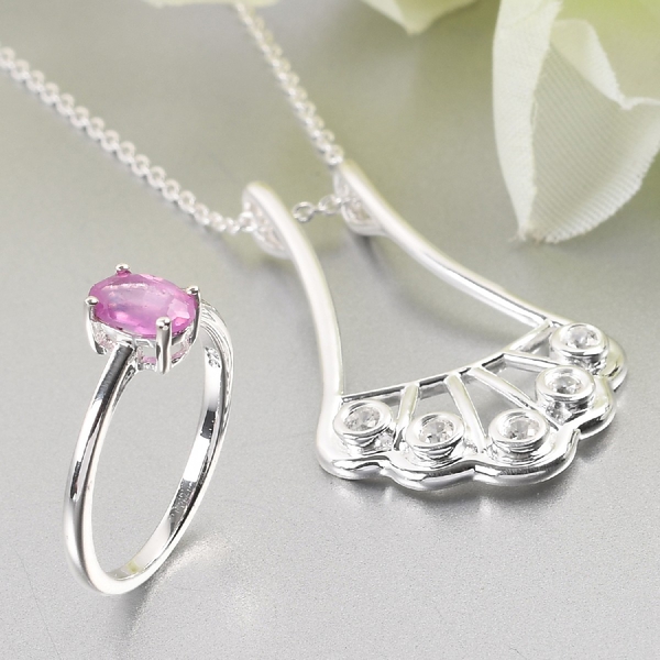 New! 2 Piece Set - Pink Sapphire and Natural Cambodian Zircon Ring and Pendant