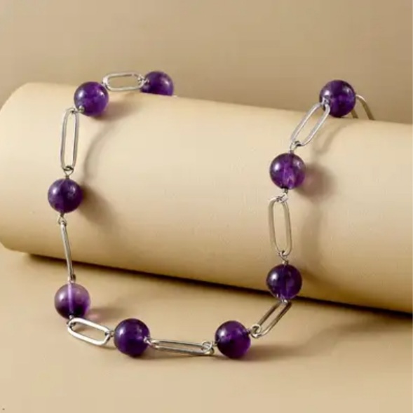 New! Amethyst Necklace in Stainless Steel