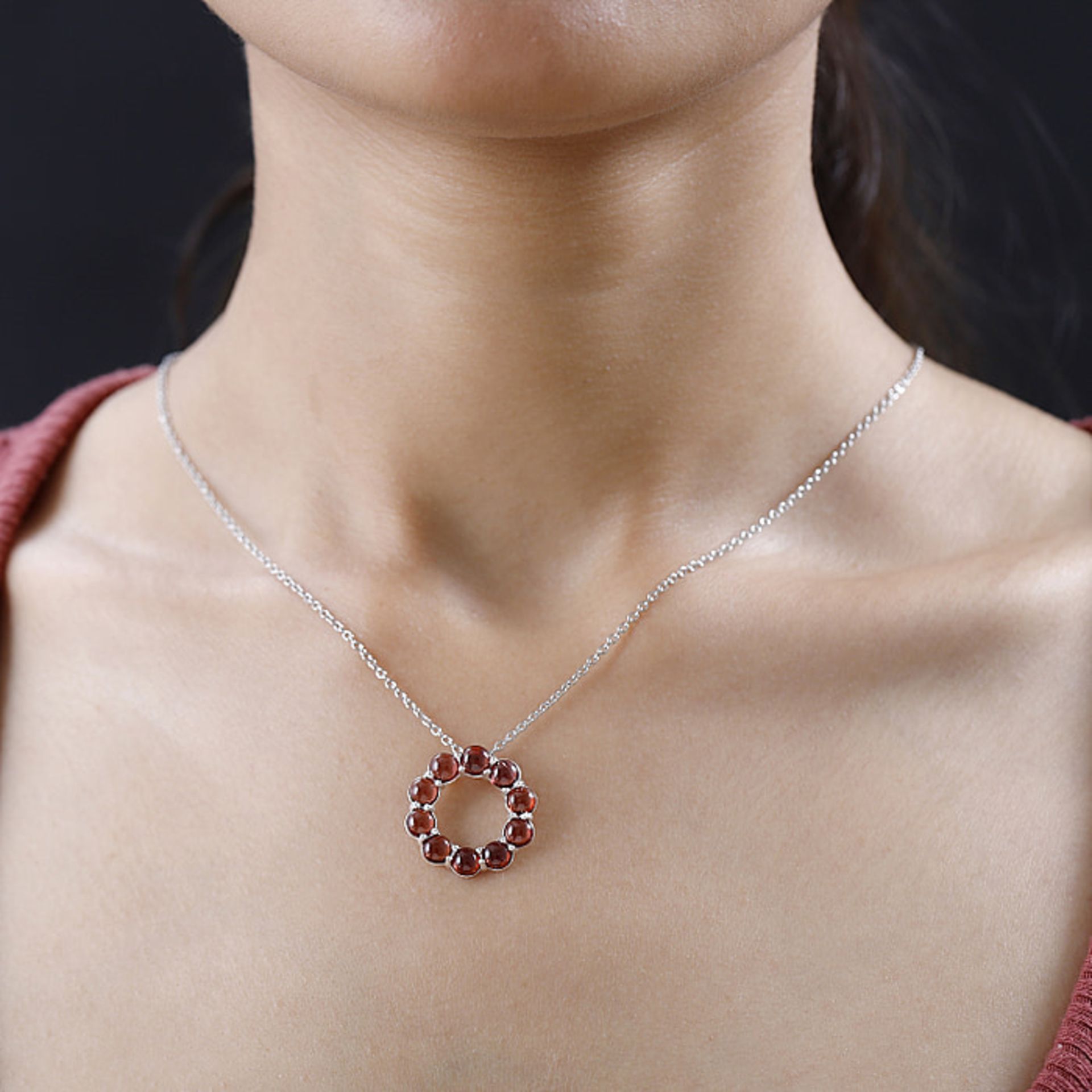 New! Red Garnet Sterling Silver Circle Pendant with Chain - Image 2 of 6