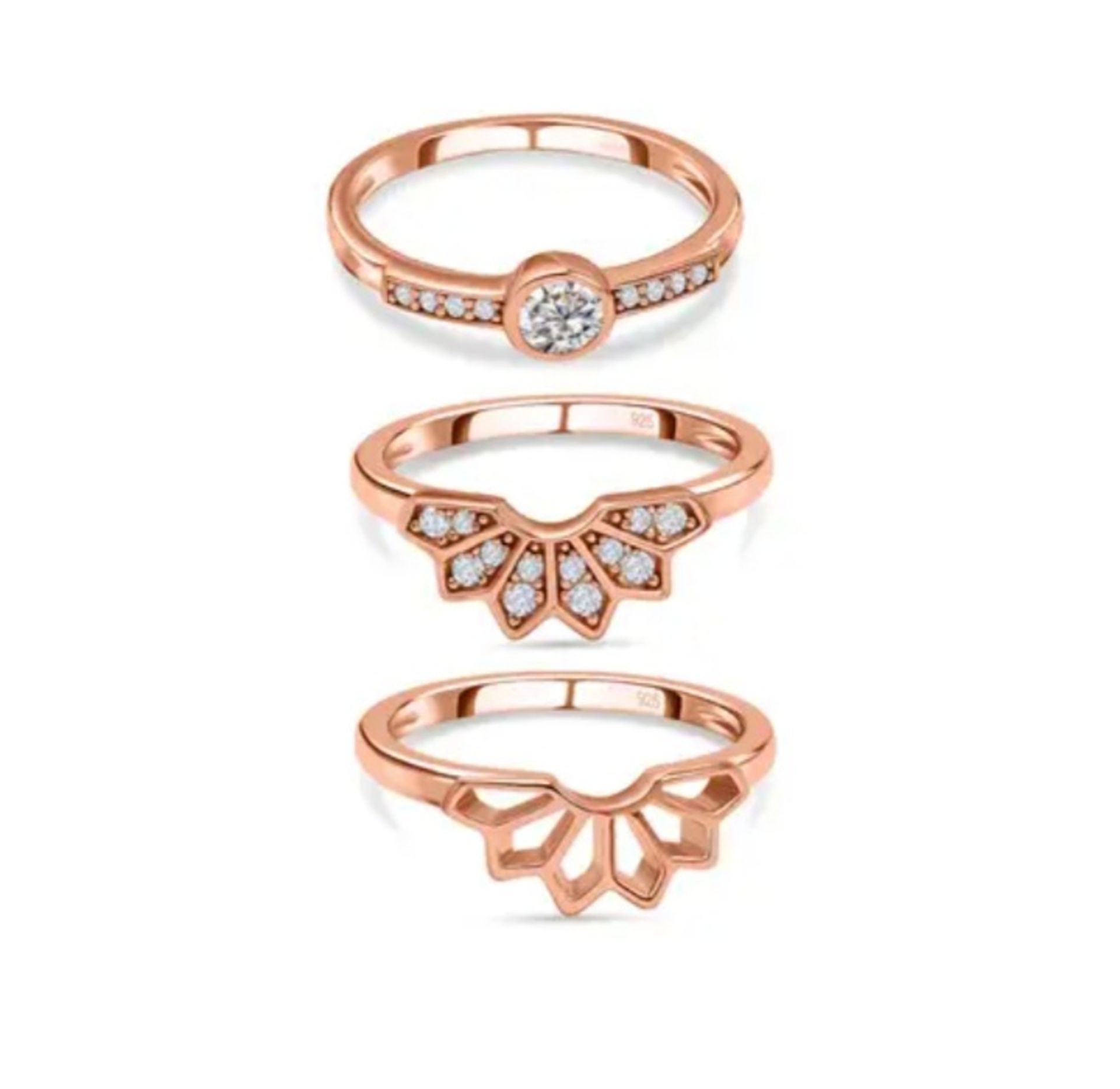 New! Set of 3 - White Cubic Zirconia Ring in 18K Vermeil Rose Gold Sterling Silver - Image 2 of 4