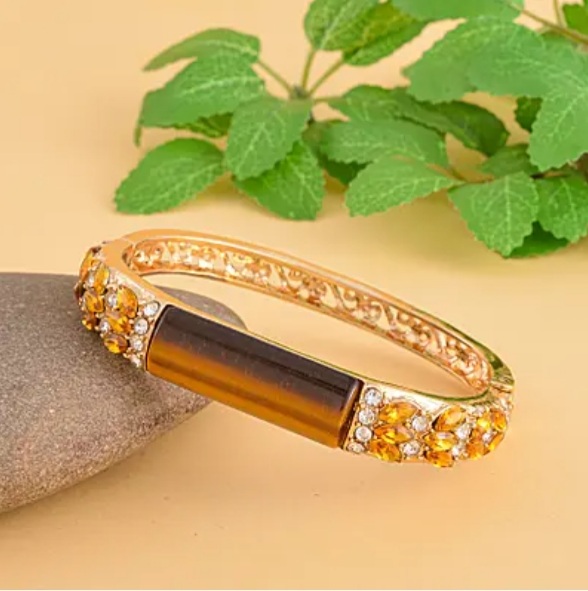 New! Yellow Tigers Eye, Champagne Diamond and White Austrian Crystal Bangle