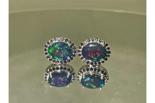 Beautiful Natural Black Opal Earrings With Natural Black Diamond & 18k Gold - Image 3 of 11