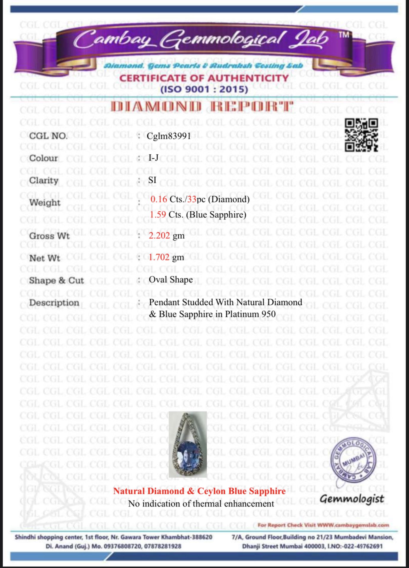 Beautiful 1.59 CT Unheated Ceylon Blue Sapphire Diamonds & Platinum Pendant - Image 5 of 5