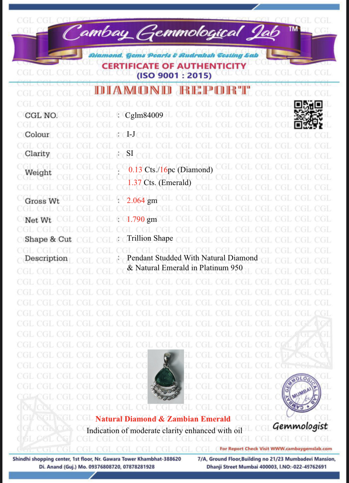 Beautiful Natural Emerald Pendant With Diamonds & Platinum 950 - Image 6 of 6