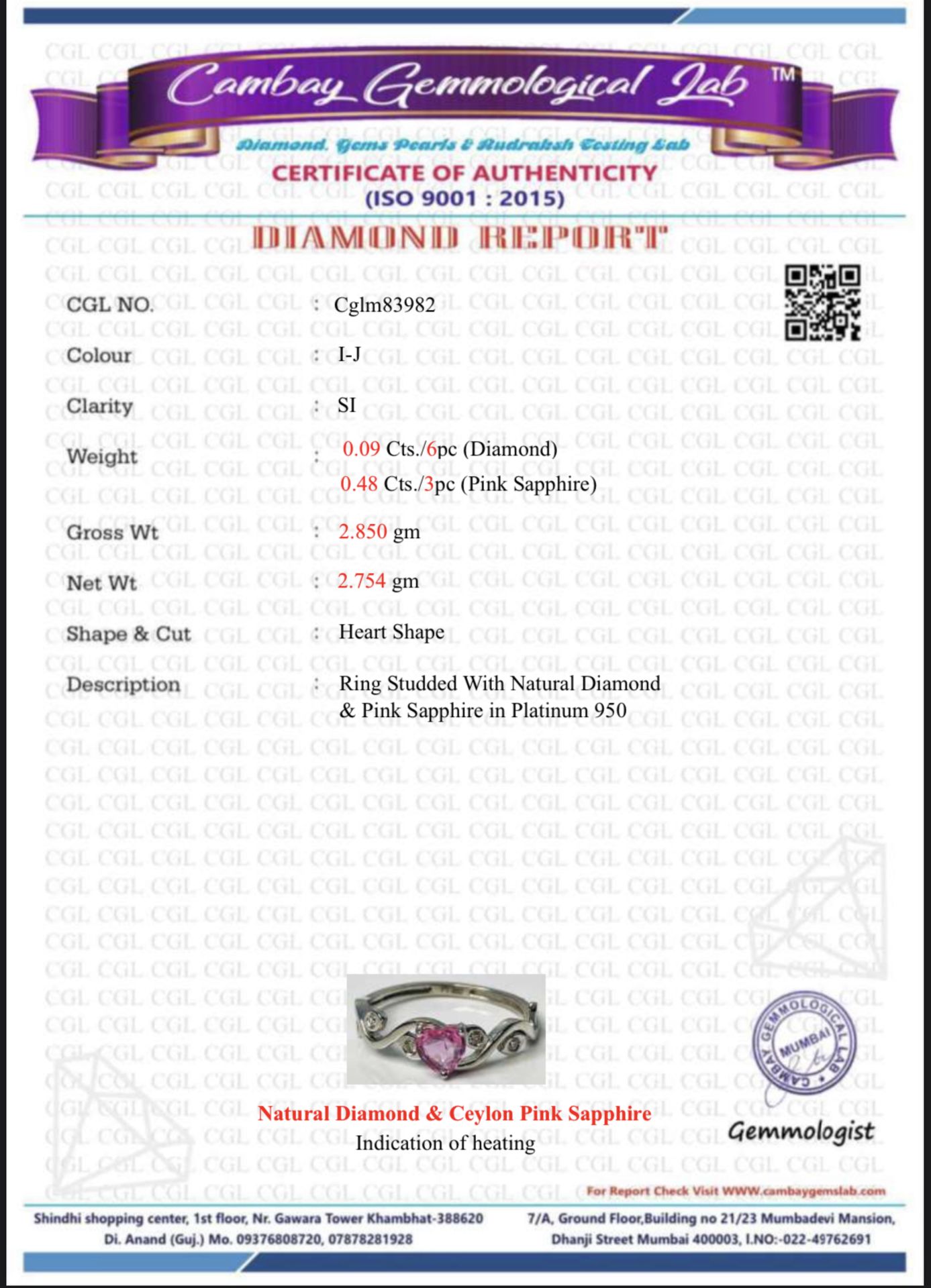 Beautiful Heart Shape Unheated Ceylon Pink Sapphire Diamonds & Platinum - Image 8 of 8
