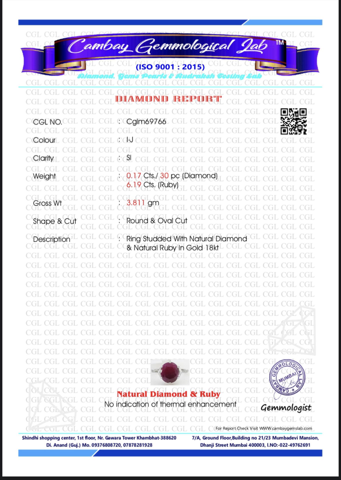 Natural Burma RubyUnheated/Untreated 6.19 Ct With Natural Diamonds & 18kGold - Image 5 of 5