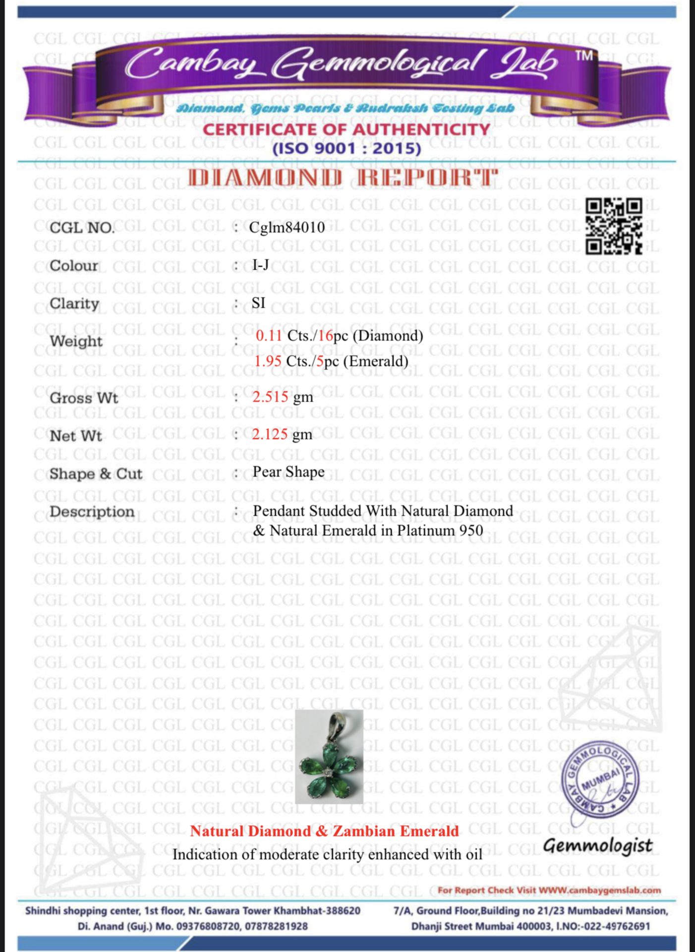 Beautiful Natural Emerald Pendant With Diamonds & Platinum 950 - Image 6 of 6