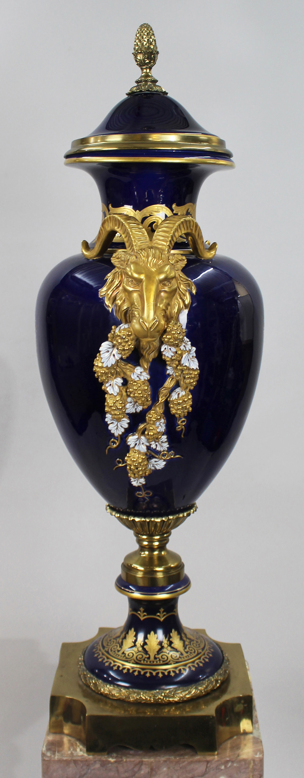 Pair of Fine Sevres Style Cobalt Blue Rams Head Lidded Urns - Image 5 of 12