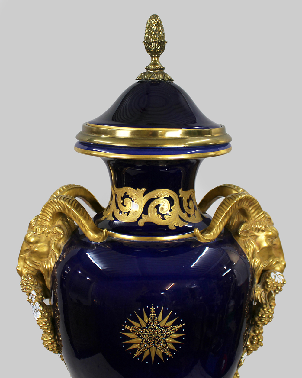 Pair of Fine Sevres Style Cobalt Blue Rams Head Lidded Urns - Image 6 of 12