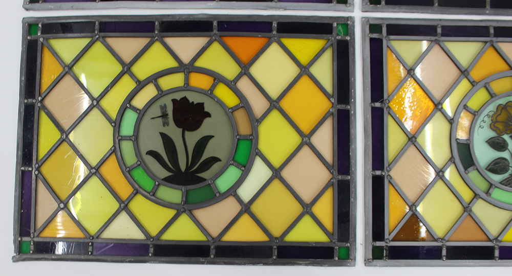 Set of 4 Vintage Leaded Stained Glass Hand Painted Panels - Image 4 of 5