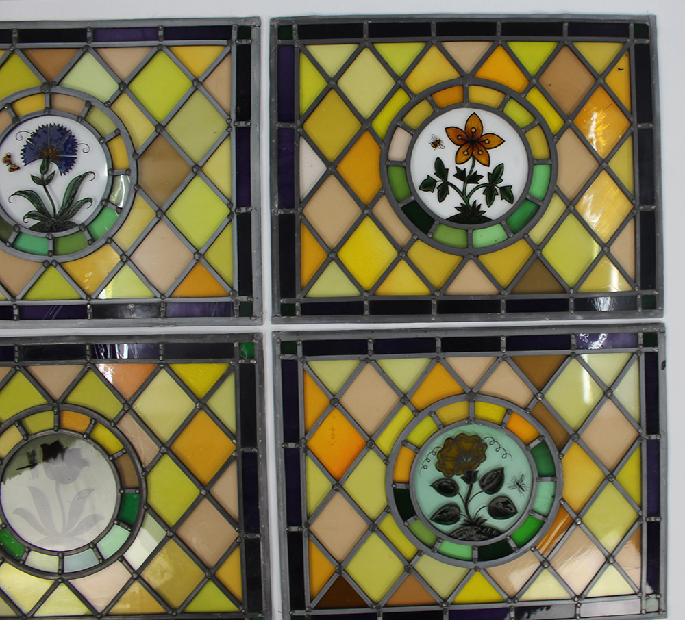 Set of 4 Vintage Leaded Stained Glass Hand Painted Panels - Image 3 of 5
