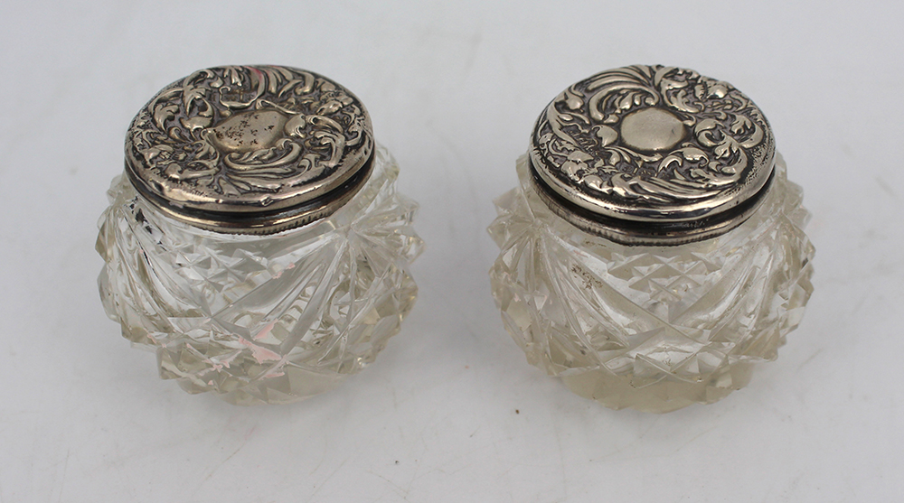 Pair of Cut Glass Silver Topped Pots Birmingham 1907 Henry Hobson - Bild 2 aus 5