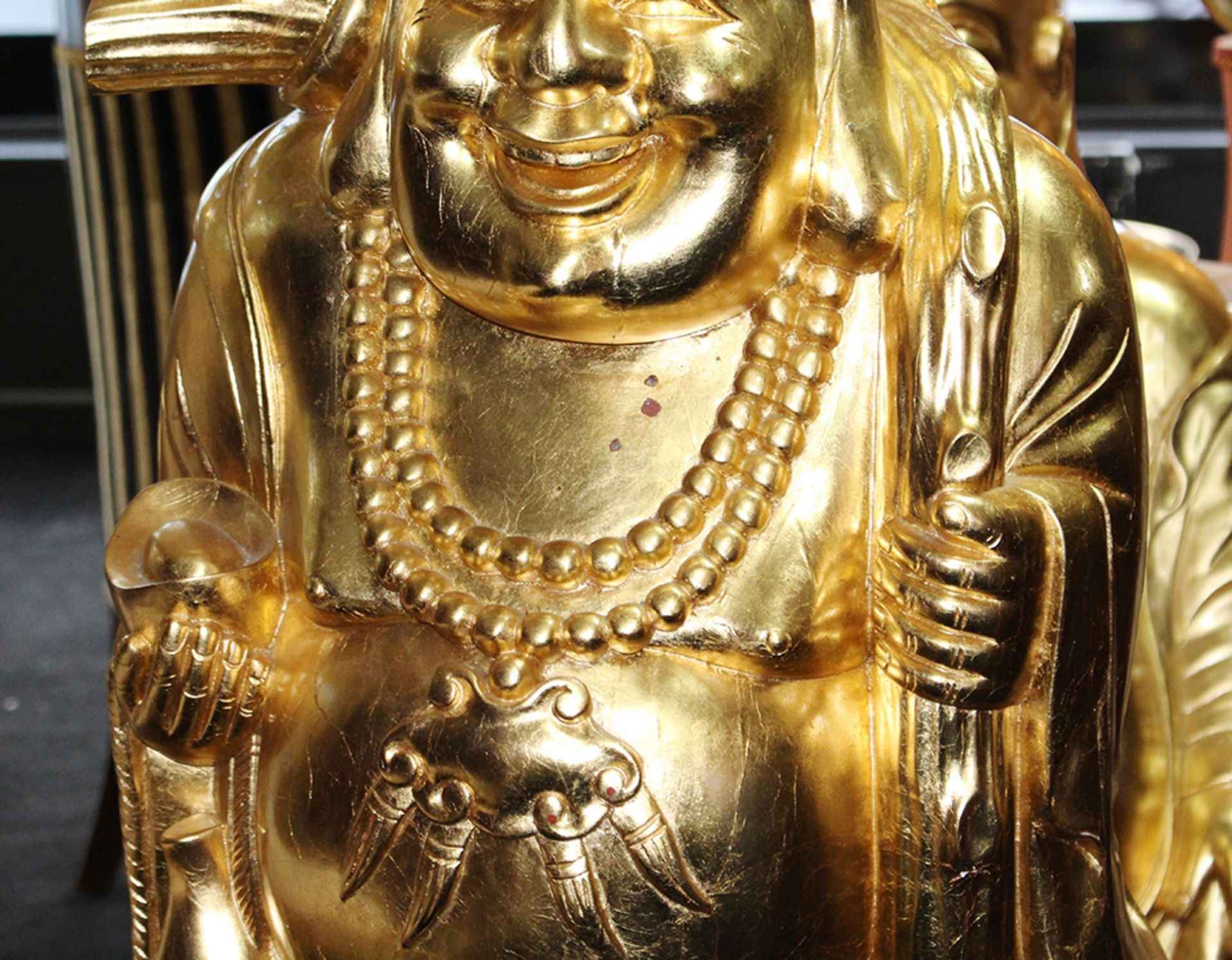 Large Carved Wood Gold Leaf Laughing Buddha on Rocks - Image 3 of 6
