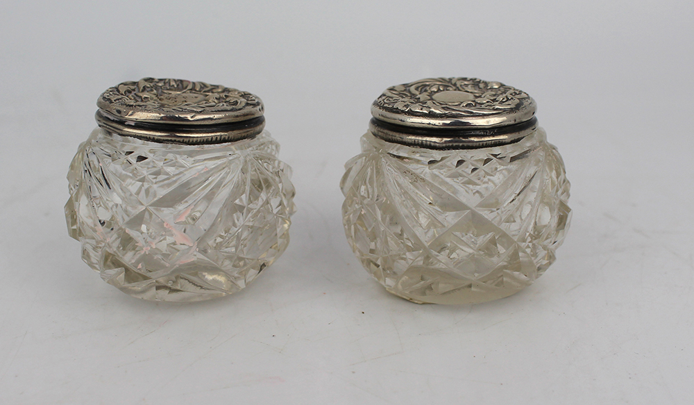 Pair of Cut Glass Silver Topped Pots Birmingham 1907 Henry Hobson