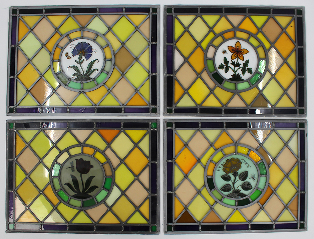 Set of 4 Vintage Leaded Stained Glass Hand Painted Panels