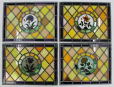Set of 4 Vintage Leaded Stained Glass Hand Painted Panels