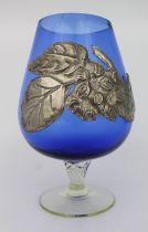 Vintage Blue Glass & Pewter Decorated Goblet
