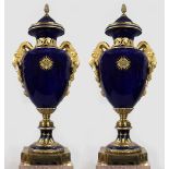 Pair of Fine Sevres Style Cobalt Blue Rams Head Lidded Urns