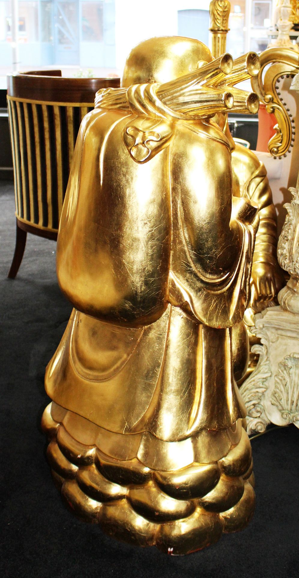 Large Carved Wood Gold Leaf Laughing Buddha on Rocks - Image 6 of 6